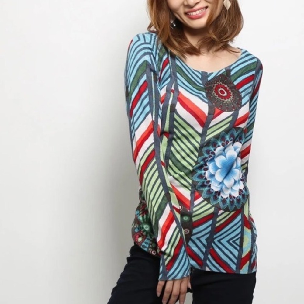 Y2K Desigual Size S Long‎ Sleeve Boatneck Top Colorful Artsy Eclectic Vintage